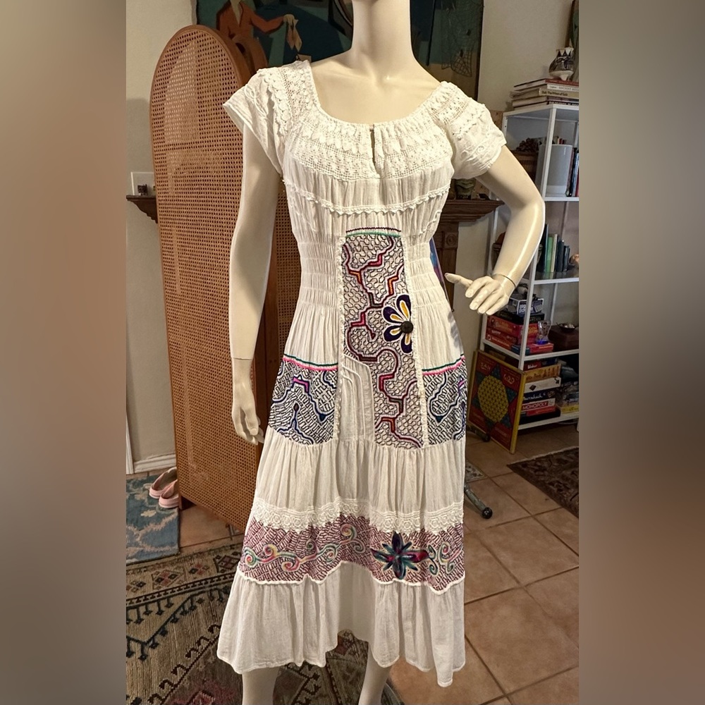 San Miguel Mexico Boho Embroidered White Maxi Dress with Multicolor Detail SMALL